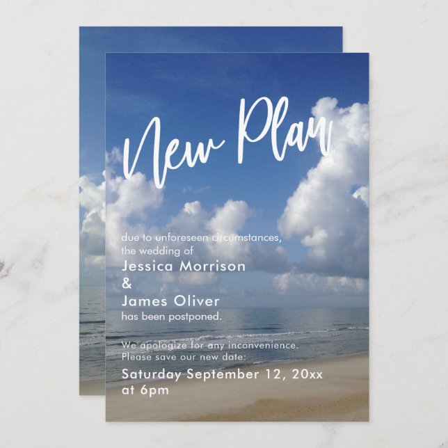 Beach Photo Postponed Wedding New Plan Update Card (Front/Back)