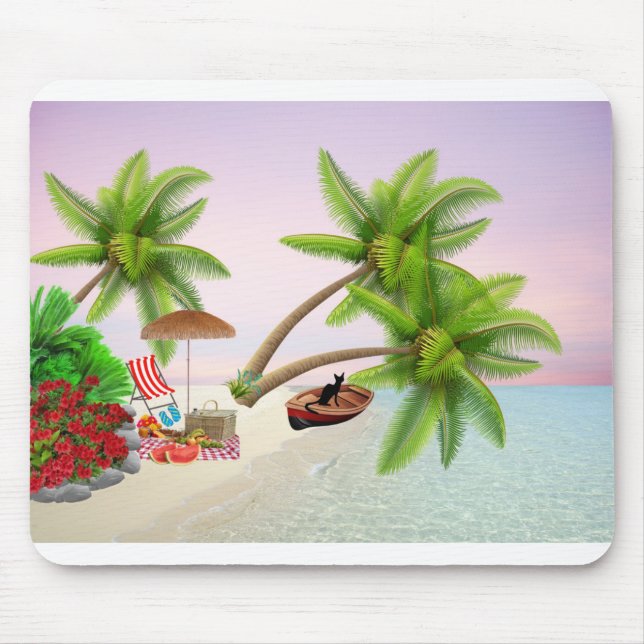 Beach Picnic Boat Bush Palm Trees Beach Chair Mouse Pad (Front)