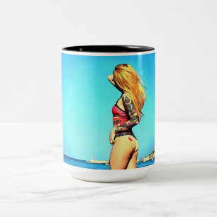 Beach Pin-up Girl 3 Two-Tone Coffee Mug