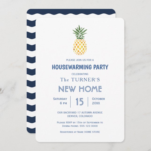 Beach Pineapple Blue Stripes Housewarming Party Invitation (Front/Back)
