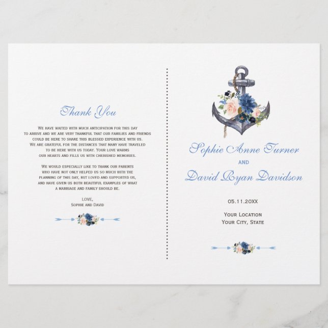 Beach Pink Blush Blue Floral Anchor Program Flyer (Front)