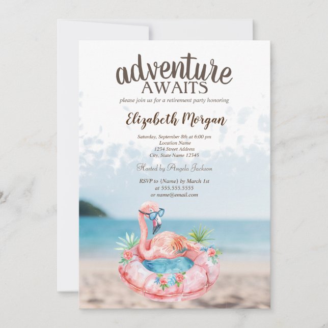 Beach Pink Flamingos Retirement Party Invitation (Front)