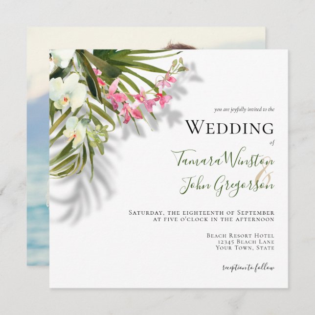 Beach Pink Floral Tropical Palms Photo Wedding Invitation (Front/Back)