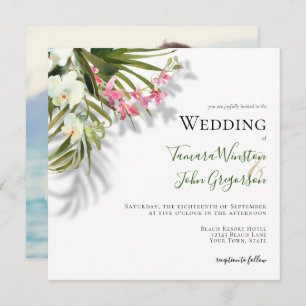 Beach Pink Floral Tropical Palms Photo Wedding Invitation