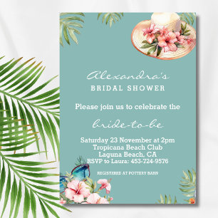 Beach Pink Flowers Blue Tropical Bridal Shower Invitation