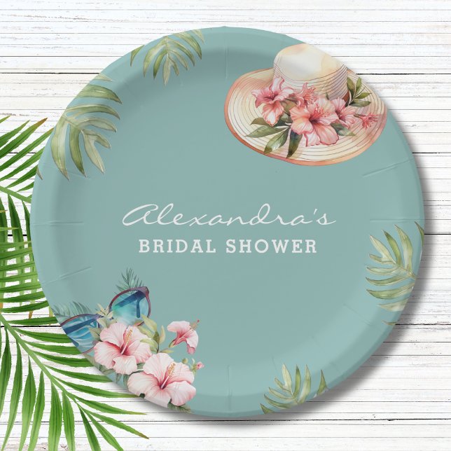 Beach Pink Flowers Blue Tropical Bridal Shower Paper Plate (Creator Uploaded)