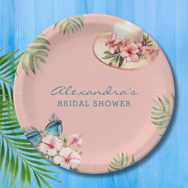 Beach Pink Flowers Tropical Bridal Shower Paper Plate (Creator Uploaded)