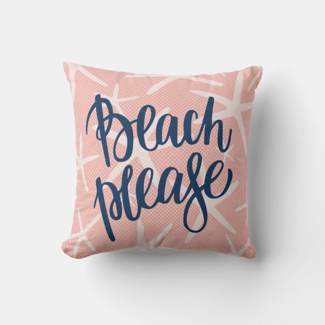 Beach Please Coral Pink and Navy Starfish Cushion (Front)