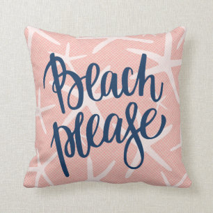 Beach Please Coral Pink and Navy Starfish Cushion