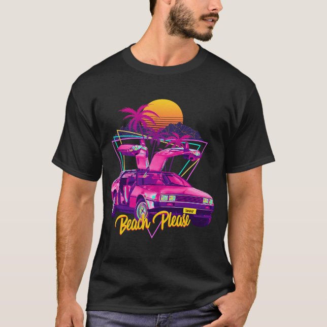 Beach Please Futuristic Car Retro Sunset Synthwave T-Shirt (Front)