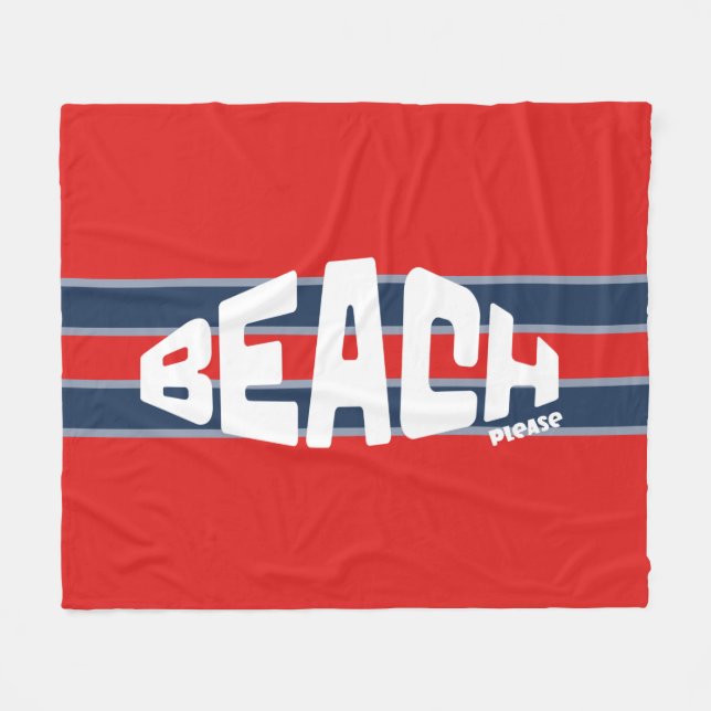 Beach Please Red & Navy Blue Stripe Fleece Blanket (Front (Horizontal))