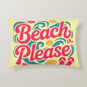 Beach Please Retro Graphic: Pink Typography Decorative Cushion