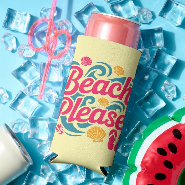 Beach Please Retro Graphic: Pink Typography Seltzer Can Cooler (In Situ Summer)