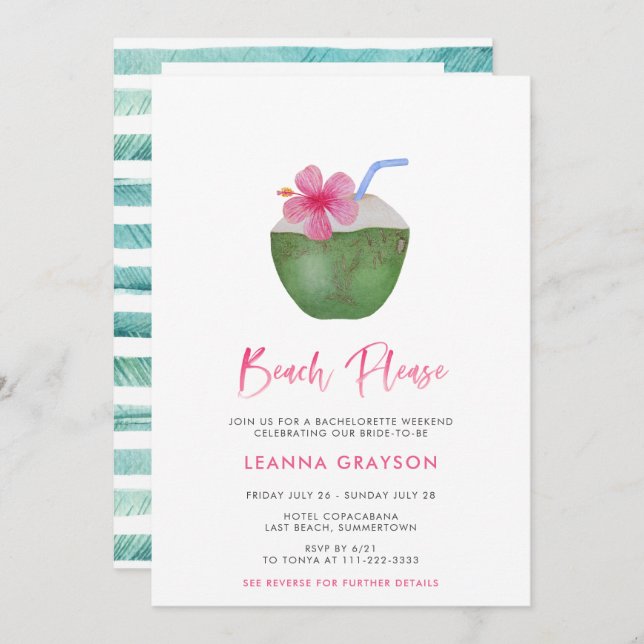 Beach Please Tropical Coconut Bachelorette Weekend Invitation (Front/Back)