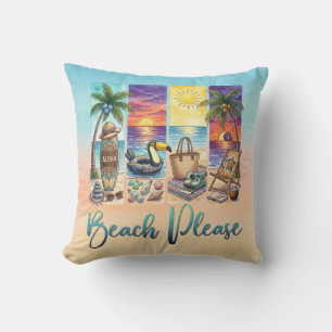 Beach Please Tropical Watercolor Coastal Vacation Cushion