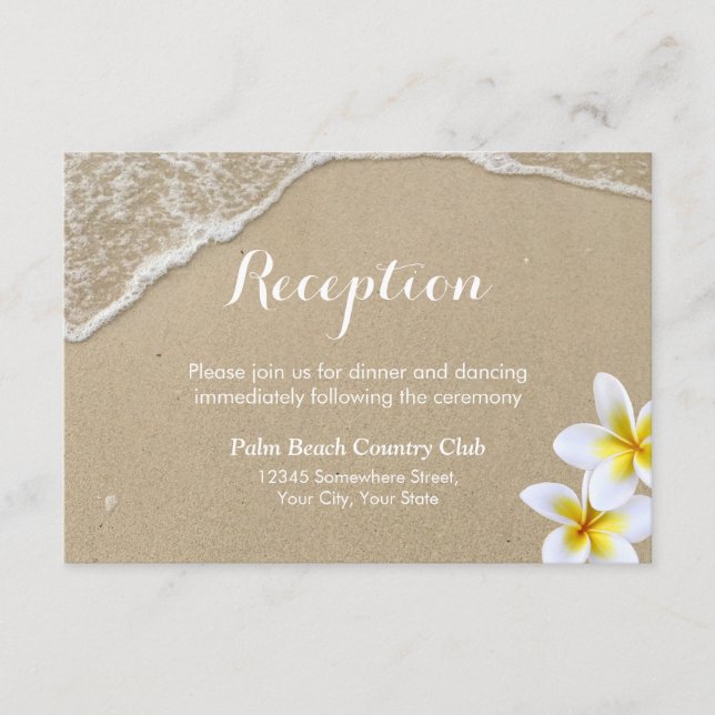 Beach & Plumeria Summer Wedding Reception Enclosure Card (Front)