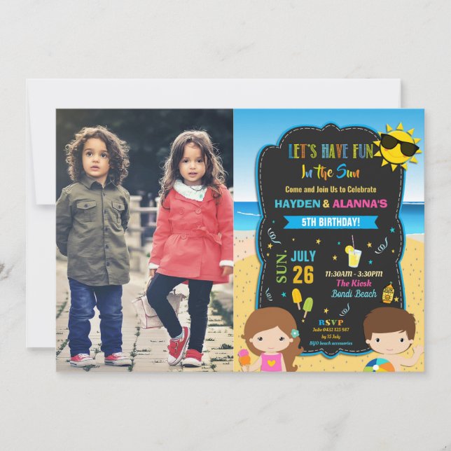 Beach Pool Birthday Party Twins Siblings Boy Girl Invitation (Front)