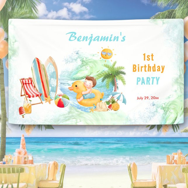 Beach Pool Party Summer 1st Birthday Boy Banner (Beach Pool Party Summer 1st Birthday Boy Banner)