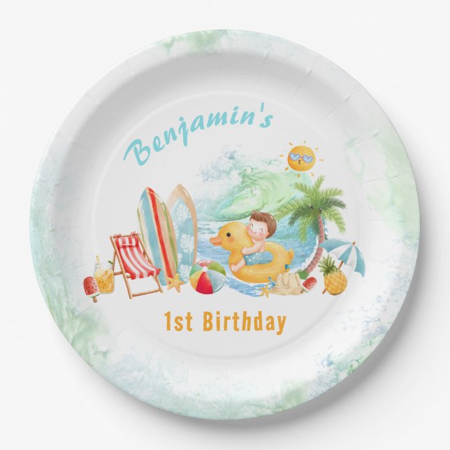 Beach Pool Party Summer 1st Birthday Boy  Paper Plate (Front)