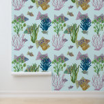 Beach Pop Art Fish And Sea Anemones Wallpaper<br><div class="desc">Hand drawn colourful watercolor fish,  coral,  seaweed on light Caribbean blue by Cherie De Sues_studio. This pattern is in gold,  blue,  green and lavender hues. Most of my watercolors are for coastal living home decor. So bring the coast to you no matter where you live!</div>