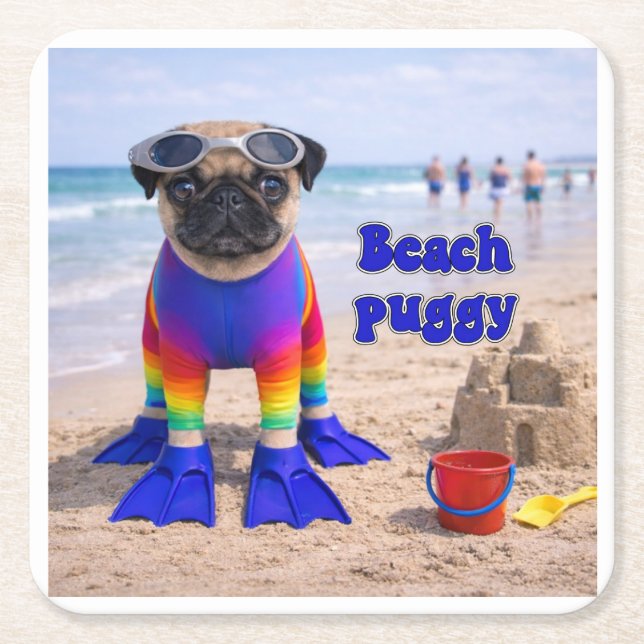 Beach Puggy Square Paper Coaster (Front)