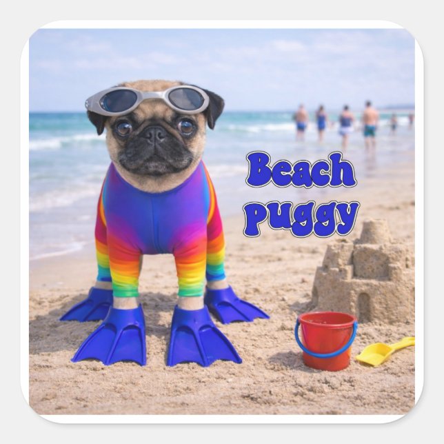 Beach Puggy Square Sticker (Front)