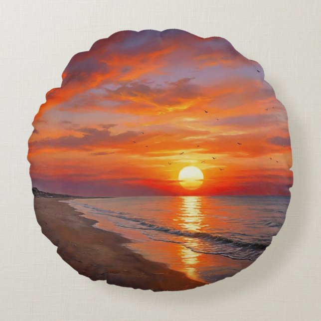 Beach Purple Orange Sunset Round Throw Pillow (Front)