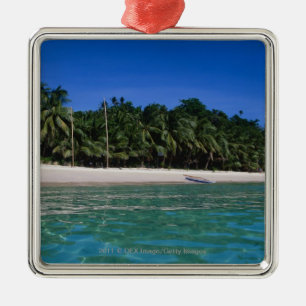 Beach, raft in a distance metal tree decoration