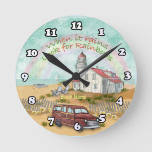 Beach Rainbow Lighthouse c Round Clock