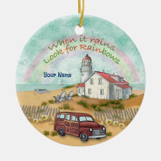 Beach Rainbow Lighthouse Ceramic Ornament (Front)