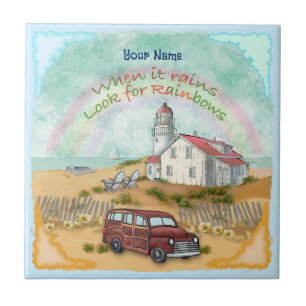 Beach Rainbow Lighthouse  Ceramic Tile