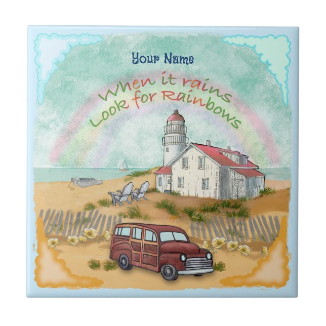Beach Rainbow Lighthouse  Ceramic Tile (Front)