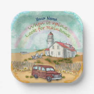Beach Rainbow Lighthouse Paper Plate