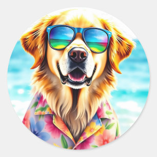 Beach Ready Golden Retriever in Watercolor Summer Classic Round Sticker