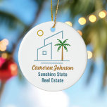Beach Real Estate Company Cute Custom Christmas Ceramic Ornament<br><div class="desc">This cute tropical real estate company Christmas ornament features a modern blue beach house with a cool coastal palm tree and island sun. Customise this marketing gift with your agent and realty business name for a realtor along the coast.</div>