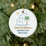 Beach Real Estate Company Cute Custom Christmas Ceramic Ornament<br><div class="desc">This cute tropical real estate company Christmas ornament features a modern blue beach house with a cool coastal palm tree and island sun. Customise this marketing gift with your agent and realty business name for a realtor along the coast.</div>
