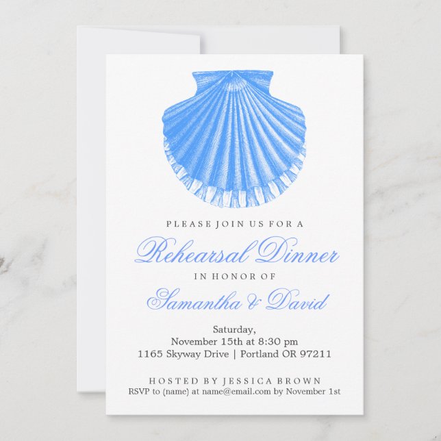 Beach Rehearsal Dinner Scallop Shell Blue Invitation (Front)
