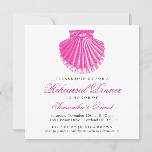 Beach Rehearsal Dinner Scallop Shell Pink Invitation (Front)