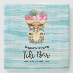 Beach Retro Tiki Bar Monogrammed Stone Coaster
