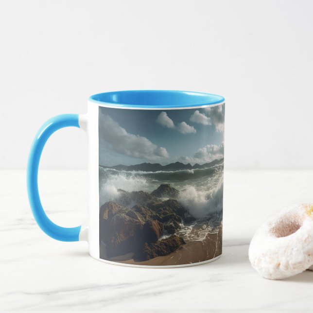 Beach Rocks Sea and Waves mug (With Donut)