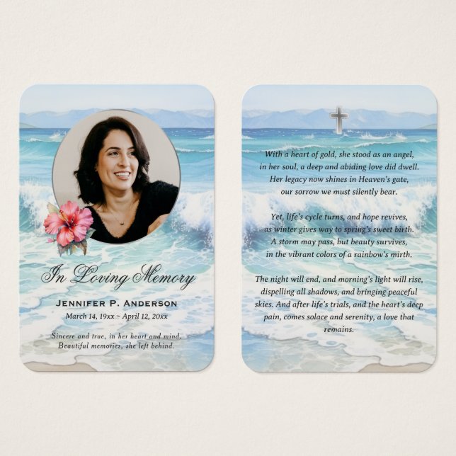 Beach Rolling Waves Hibiscus Memorial Cards (Front & Back)