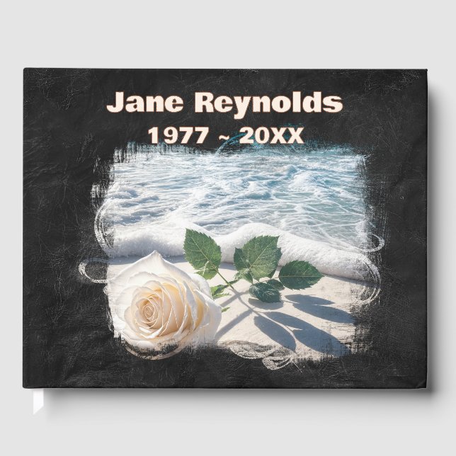 Beach Rose On Black Leather Memorial Service Guest Book (Front)