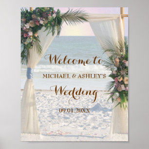 Beach Rose Tropical Leaves Sunset Wedding Welcome Poster