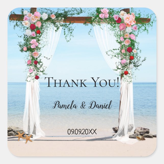 Beach Roses Arbor Wedding Thank You Sticker (Front)