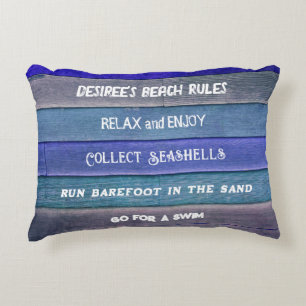 Beach Rules Rustic Blue Teal Grey Nautical Wood Decorative Cushion