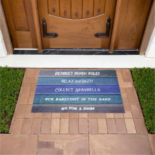 Beach Rules Rustic Blue Teal Grey Nautical Wood Doormat