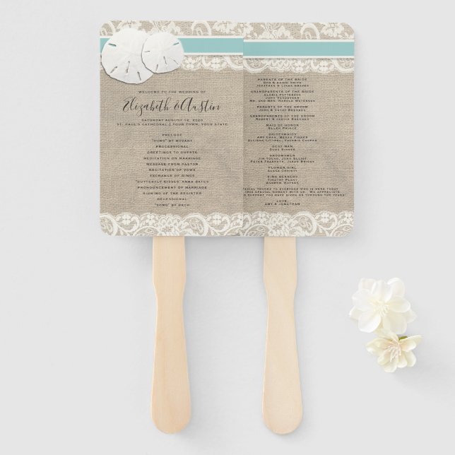 Beach Rustic Burlap Lace Wedding Program Fan (Front and Back)