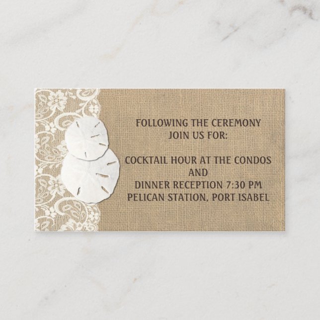 Beach Rustic Warm Burlap Lace Wedding Info Card (Front)