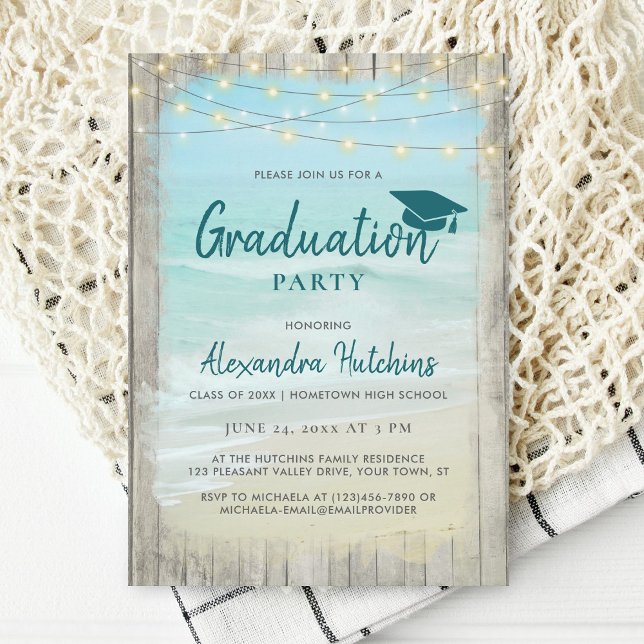 Beach Rustic Wood String Lights Graduation Party Invitation (Creator Uploaded)