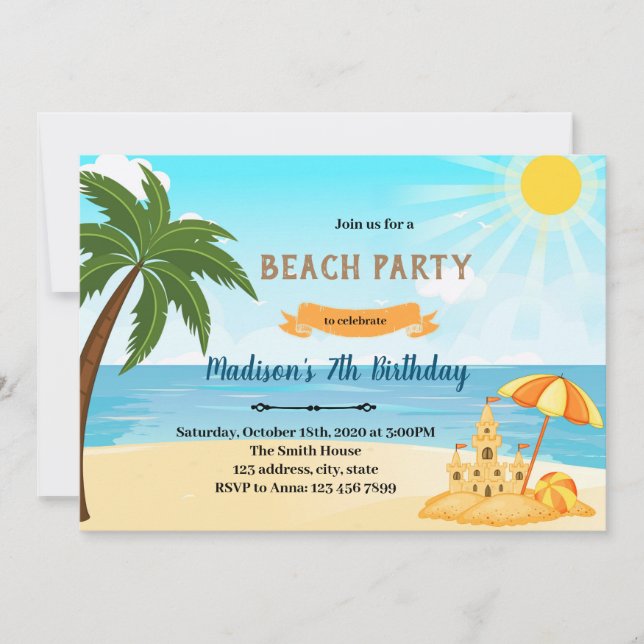 Beach sand castle birthday invitation (Front)